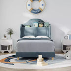 GustoWave Upholstered Twin Bed Frame, with Wing Back Storage Headboard and Led Lights