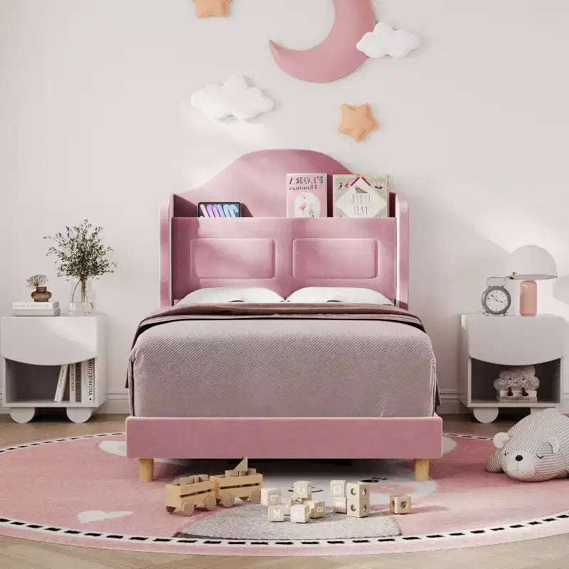 Cadre de lit double rembourré GustoWave, avec tête de lit de rangement à dossier ailé et lumières LED
