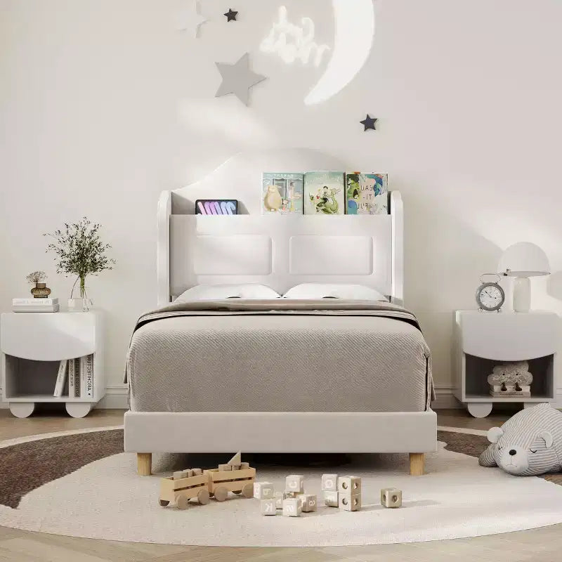 Cadre de lit double rembourré GustoWave, avec tête de lit de rangement à dossier ailé et lumières LED