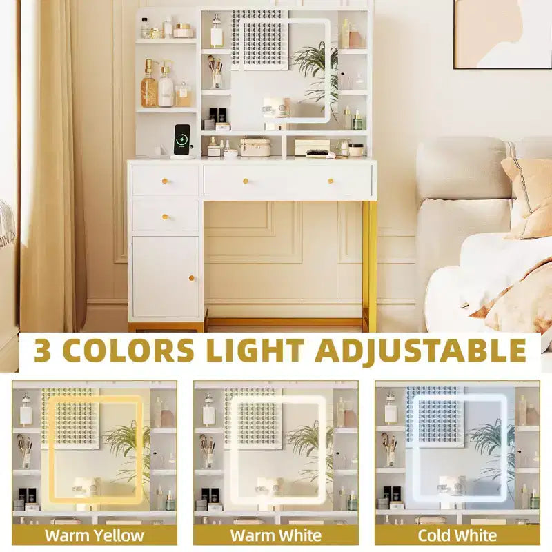 GustoWave Coiffeuse blanche avec miroir et lumières, table de maquillage avec miroir éclairé LED et prise de courant, 3 couleurs d'éclairage pour chambre à coucher