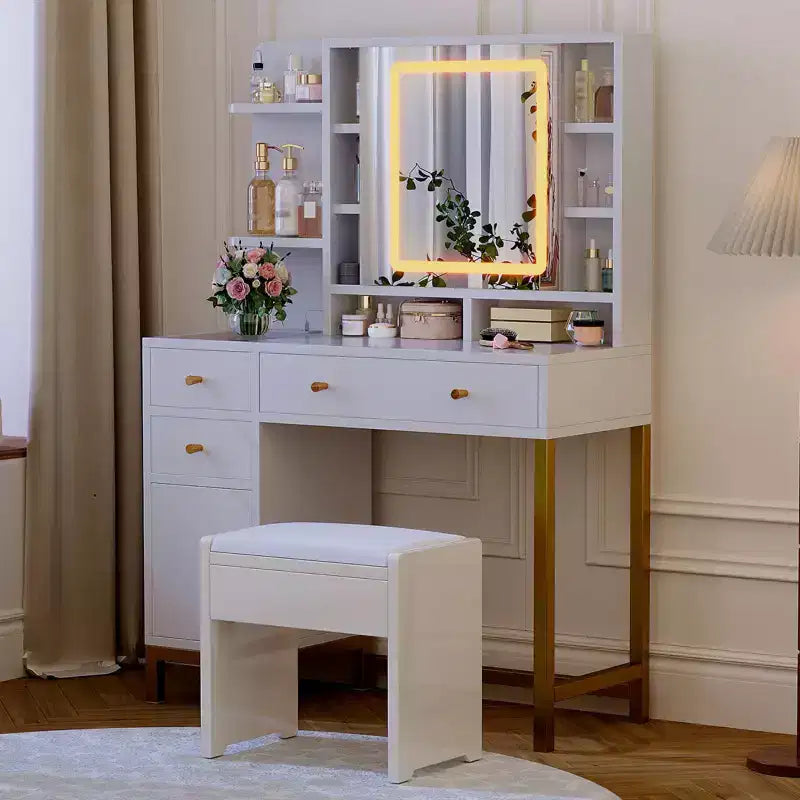 GustoWave Coiffeuse blanche avec miroir et lumières, table de maquillage avec miroir éclairé LED et prise de courant, 3 couleurs d'éclairage pour chambre à coucher