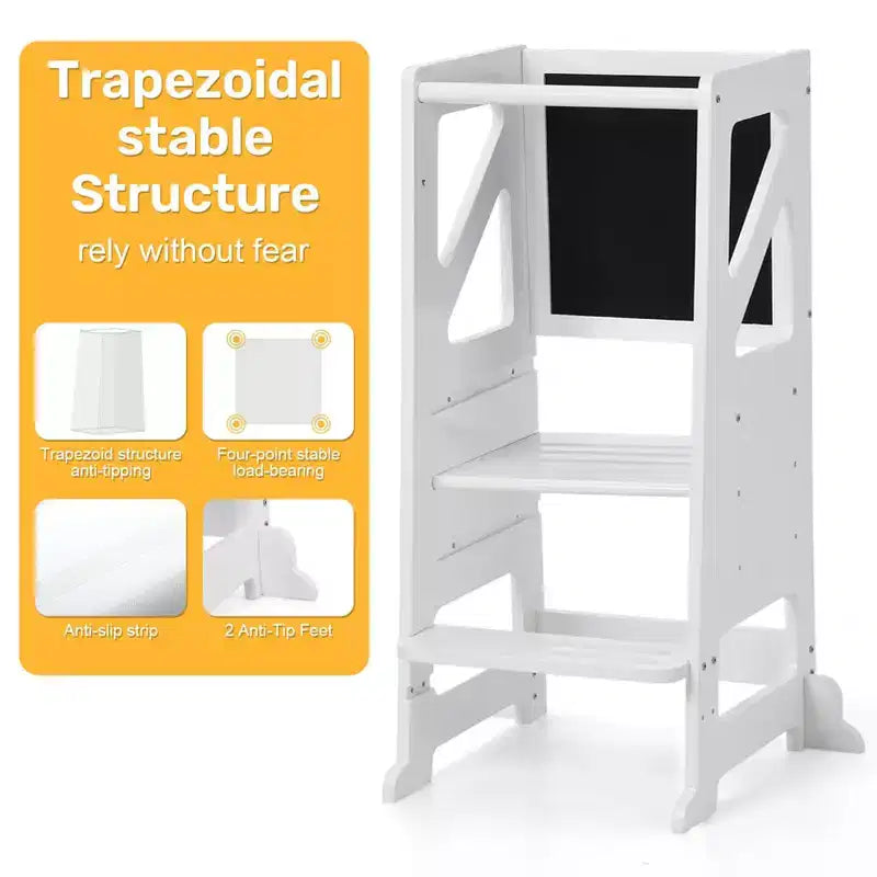 Marchepied en bois pour tout-petits, Tour d'apprentissage blanche pour tout-petits avec tableau noir et tableau blanc