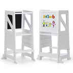 Marchepied en bois pour tout-petits, Tour d'apprentissage blanche pour tout-petits avec tableau noir et tableau blanc