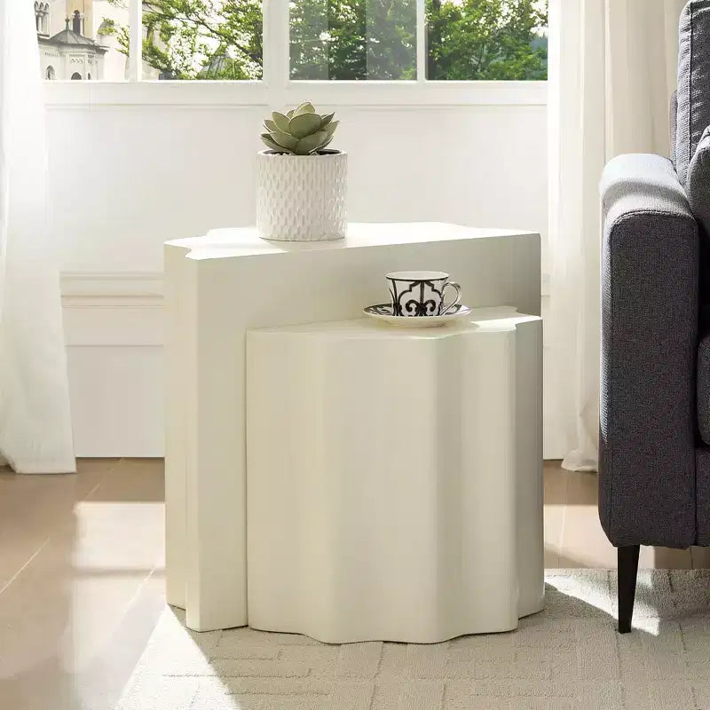 Table basse en fibre de verre lot de 2 tables d'appoint table d'appoint table basse de salon table basse de centre, design à bord ondulé, beige, sans assemblage - ModernLuxe