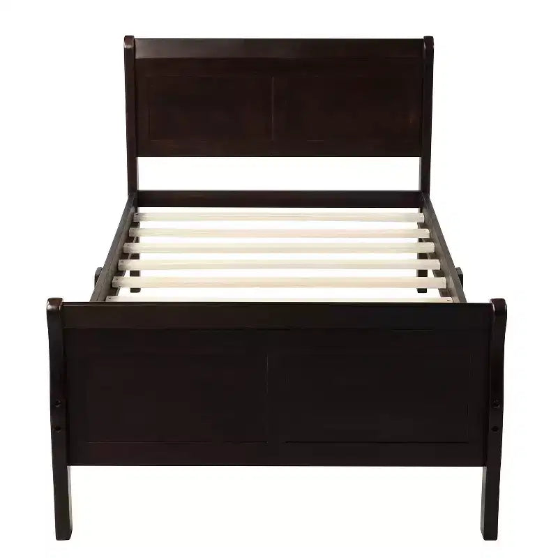 Lit plateforme en bois, cadre de lit simple, sommier avec tête et pied de lit, et lattes en bois