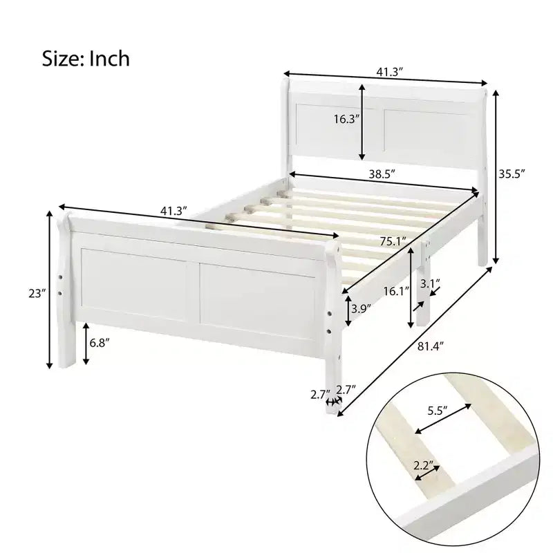 Lit plateforme en bois, cadre de lit simple, sommier avec tête et pied de lit, et lattes en bois