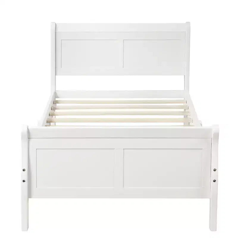Lit plateforme en bois, cadre de lit simple, sommier avec tête et pied de lit, et lattes en bois