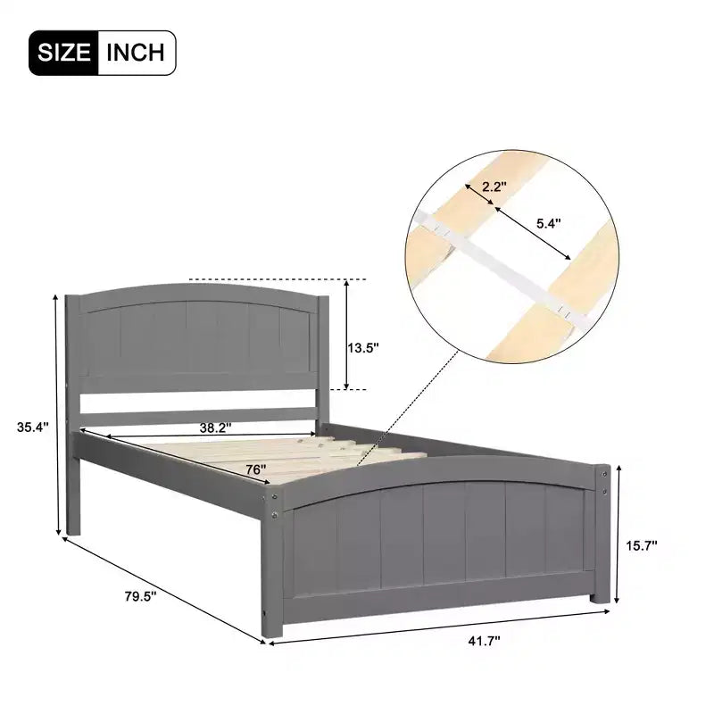 Lit plateforme en bois avec tête et pied de lit, support à lattes en bois, format jumeau, expresso