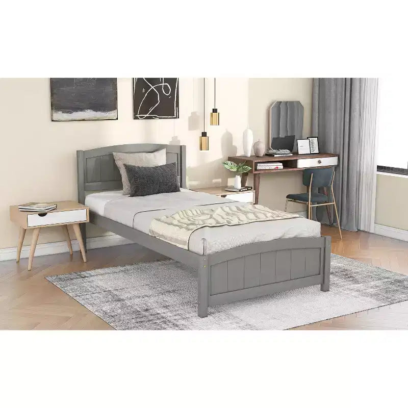 Lit plateforme en bois avec tête et pied de lit, support à lattes en bois, format jumeau, expresso