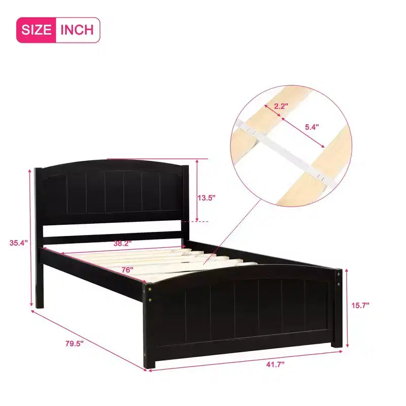 Lit plateforme en bois avec tête et pied de lit, support à lattes en bois, format jumeau, expresso