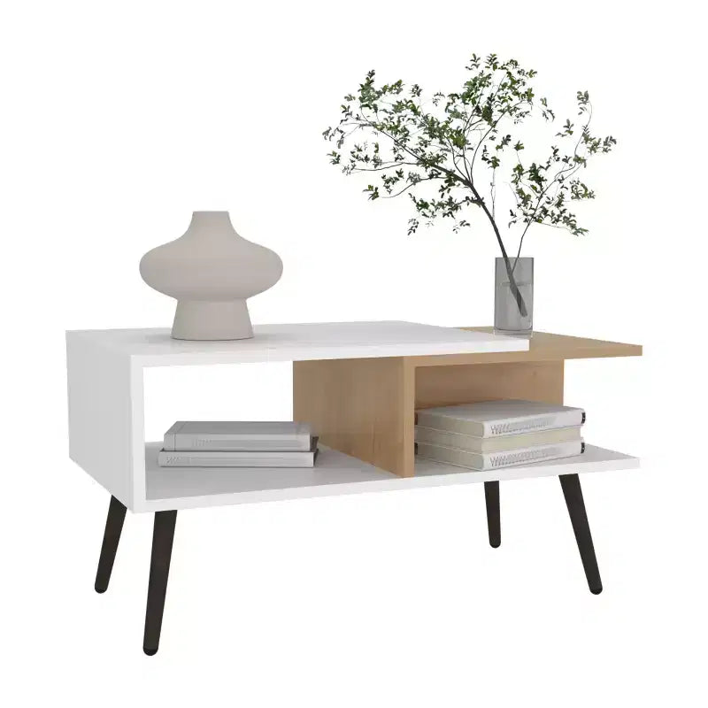 Table basse scandinave multicolore MAYEERTY avec 2 étagères 4 pieds Blanc et Chêne Naturel