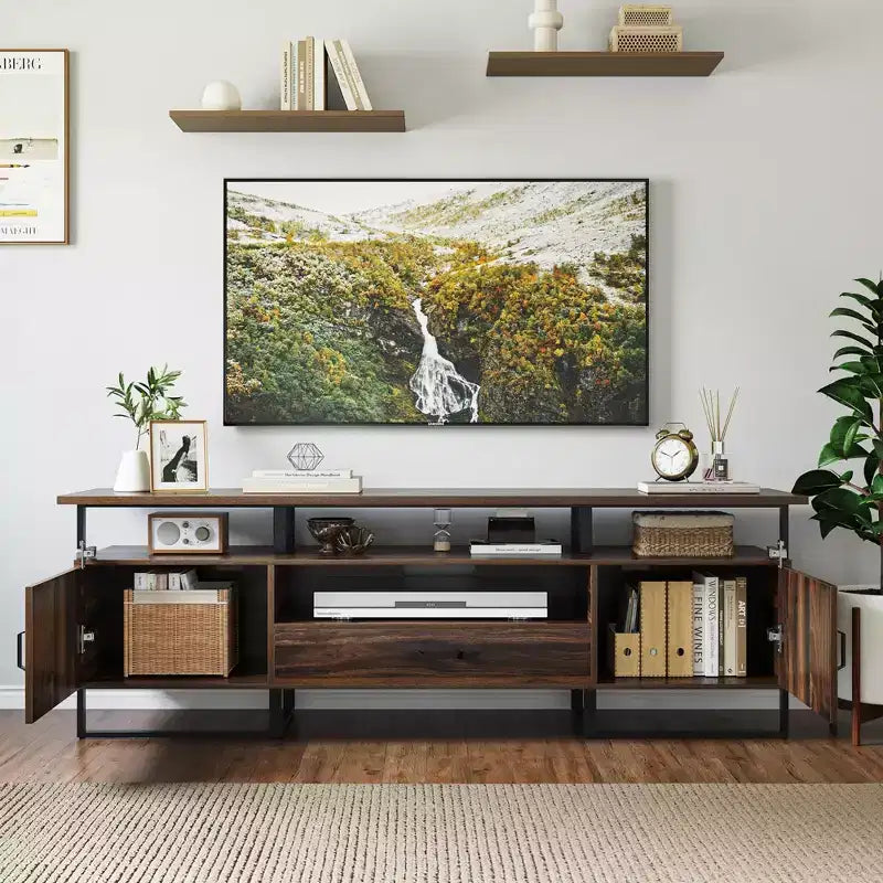GustoWave Meuble TV industriel 70 pouces, centre de divertissement avec rangement et tiroirs pour salon, marron rustique