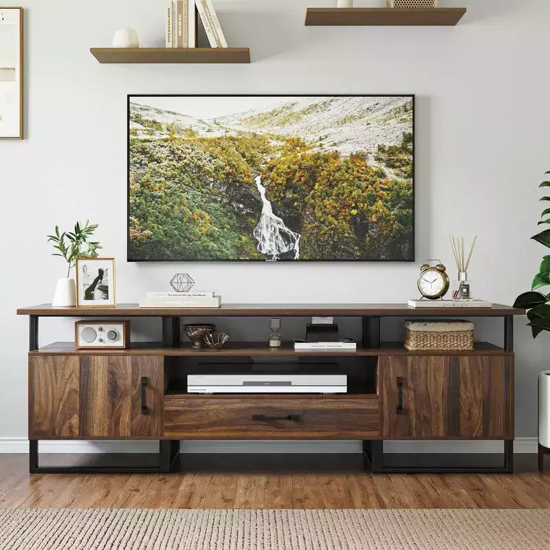GustoWave Meuble TV industriel 70 pouces, centre de divertissement avec rangement et tiroirs pour salon, marron rustique
