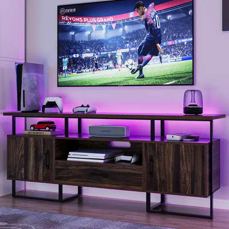 GustoWave Meuble TV industriel 70 pouces, centre de divertissement avec rangement et tiroirs pour salon, marron rustique