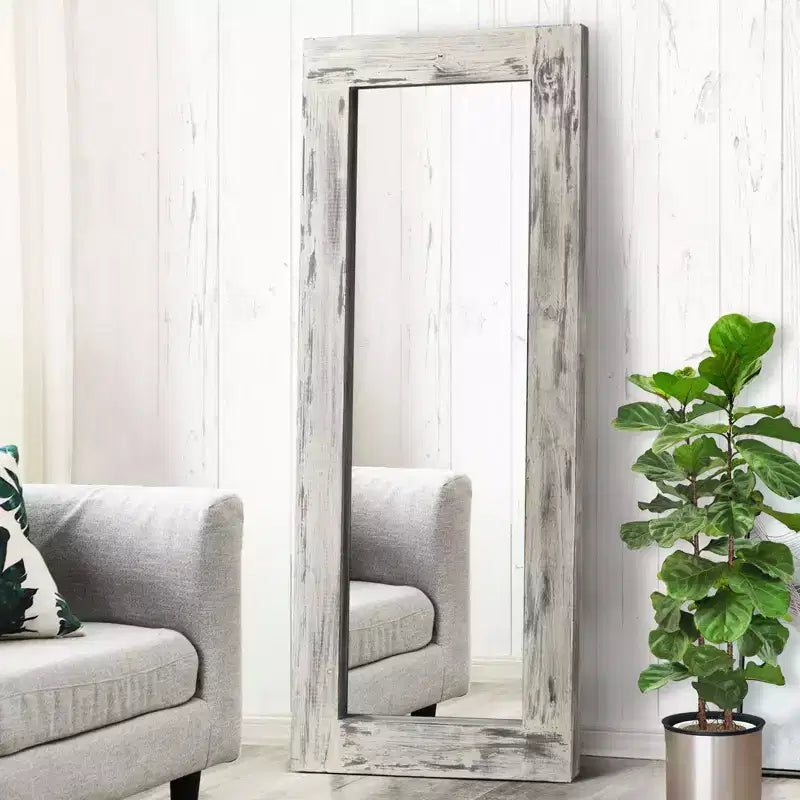 PexFix 24 po L x 58 po H Miroir psyché rectangulaire de style ferme avec cadre en bois massif, à poser ou à incliner, blanc patiné