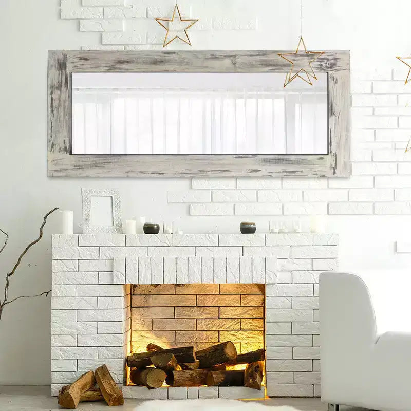 PexFix 24 po L x 58 po H Miroir psyché rectangulaire de style ferme avec cadre en bois massif, à poser ou à incliner, blanc patiné