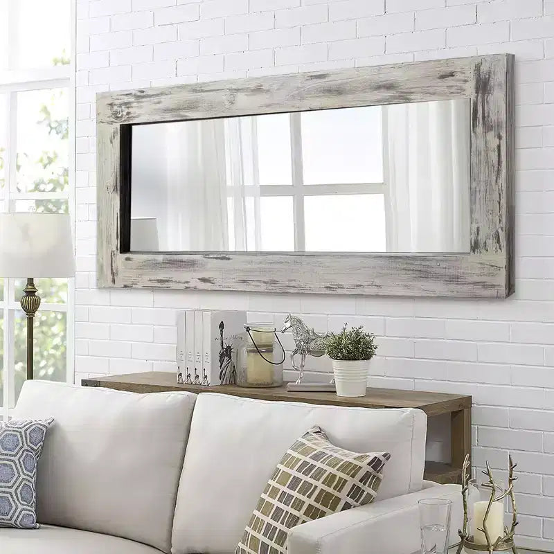 PexFix 24 po L x 58 po H Miroir psyché rectangulaire de style ferme avec cadre en bois massif, à poser ou à incliner, blanc patiné