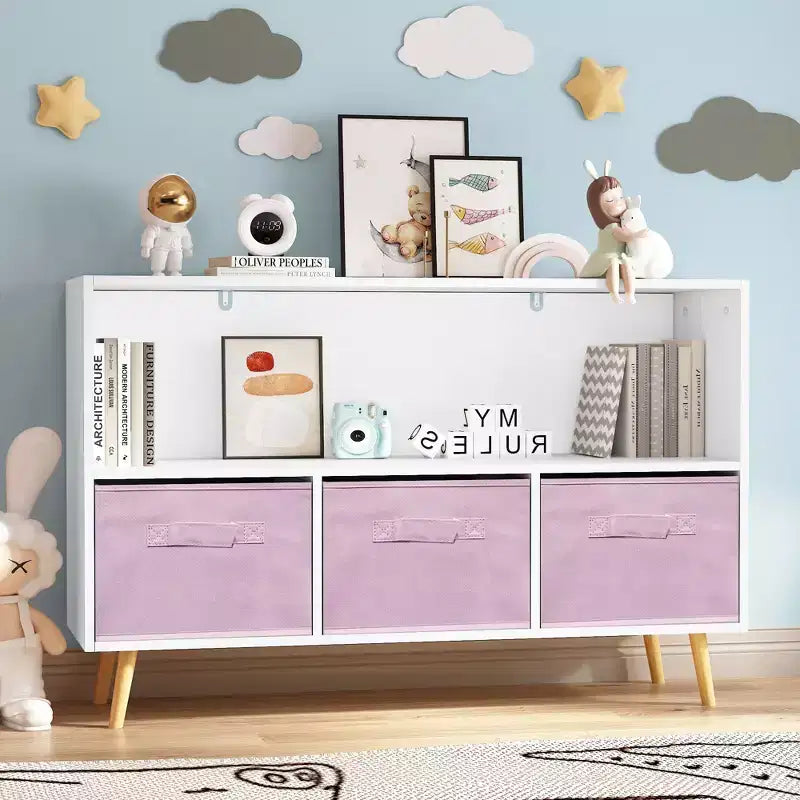 MAYEERTY Étagère pour Livres Enfants avec Tiroirs Pliables en Tissu Meuble de Rangement Jouets Organisateur Blanc et Bleu