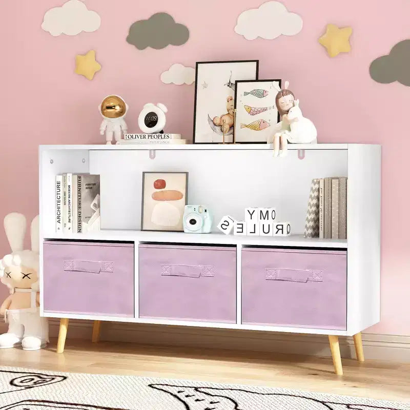 MAYEERTY Étagère pour Livres Enfants avec Tiroirs Pliables en Tissu Meuble de Rangement Jouets Organisateur Blanc et Bleu