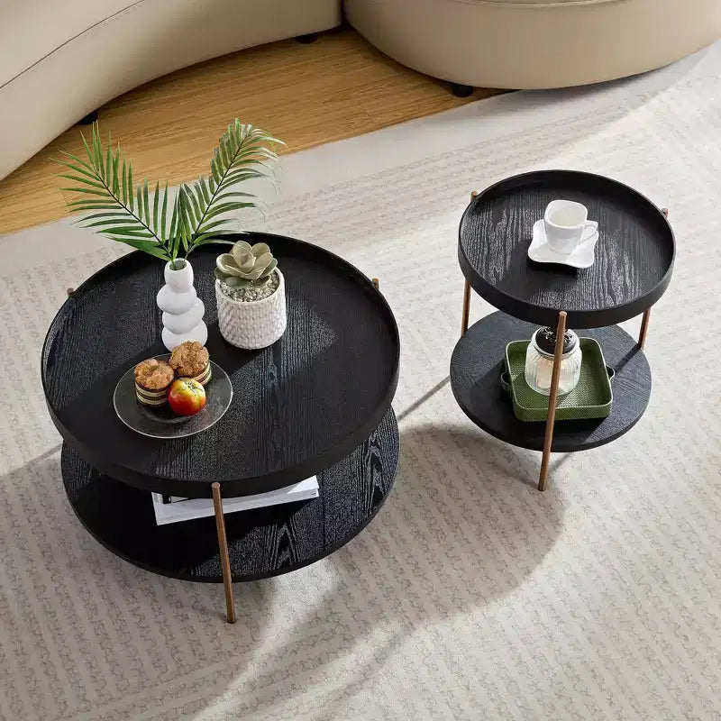 Okak – Ensemble de 2 tables basses gigognes modernes, tables d'appoint rondes à 2 niveaux, montage facile pour salon/chambre/balcon/jardin
