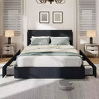 Acekool Upholstered Bed Frame with Corduroy Wingback Headboard, 4 Storage Drawers, Platform Slat Support, No Box Spring Needed