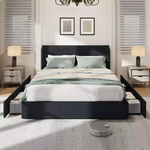 Acekool Upholstered Bed Frame with Corduroy Wingback Headboard, 4 Storage Drawers, Platform Slat Support, No Box Spring Needed