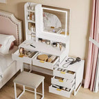 Coiffeuse Acekool avec miroir et lumières, 5 tiroirs, armoire de rangement latérale amovible, tabouret, LED 3 couleurs, table de maquillage, blanc et or