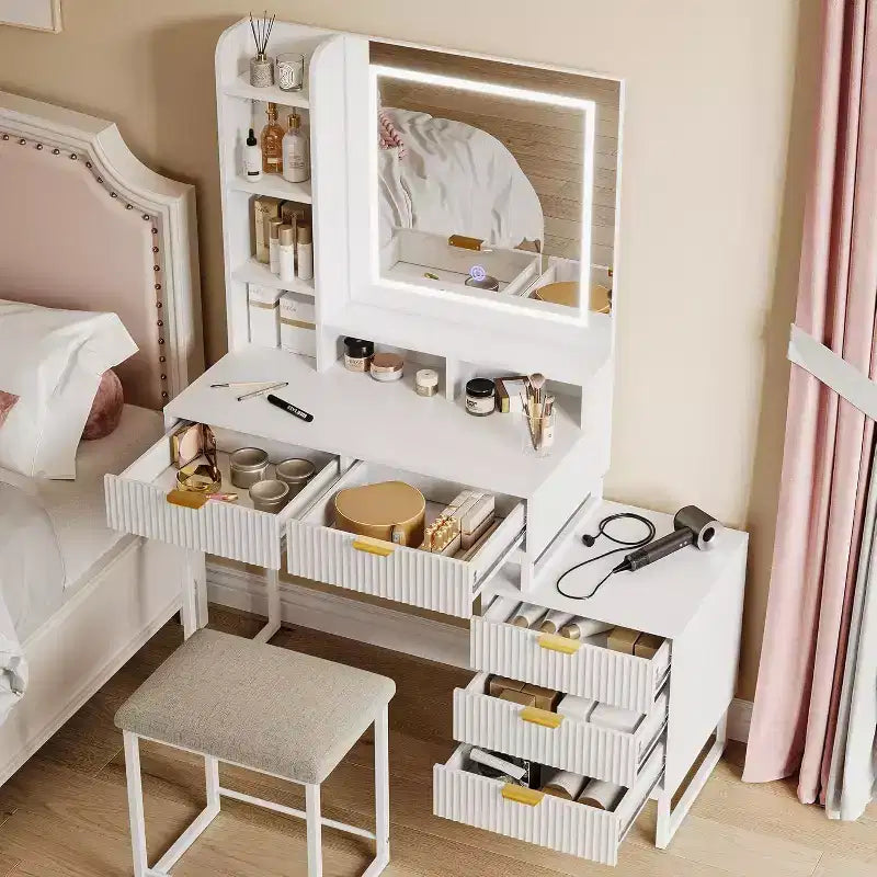 Coiffeuse Acekool avec miroir et lumières, 5 tiroirs, armoire de rangement latérale amovible, tabouret, LED 3 couleurs, table de maquillage, blanc et or