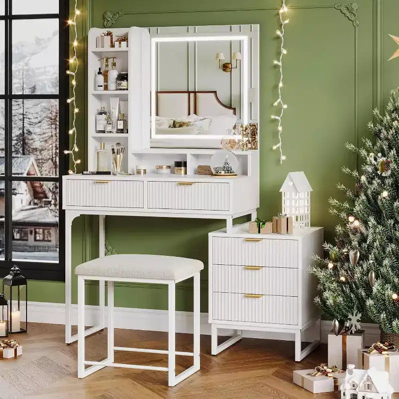 Coiffeuse Acekool avec miroir et lumières, 5 tiroirs, armoire de rangement latérale amovible, tabouret, LED 3 couleurs, table de maquillage, blanc et or