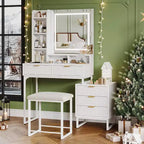 Coiffeuse Acekool avec miroir et lumières, 5 tiroirs, armoire de rangement latérale amovible, tabouret, LED 3 couleurs, table de maquillage, blanc et or