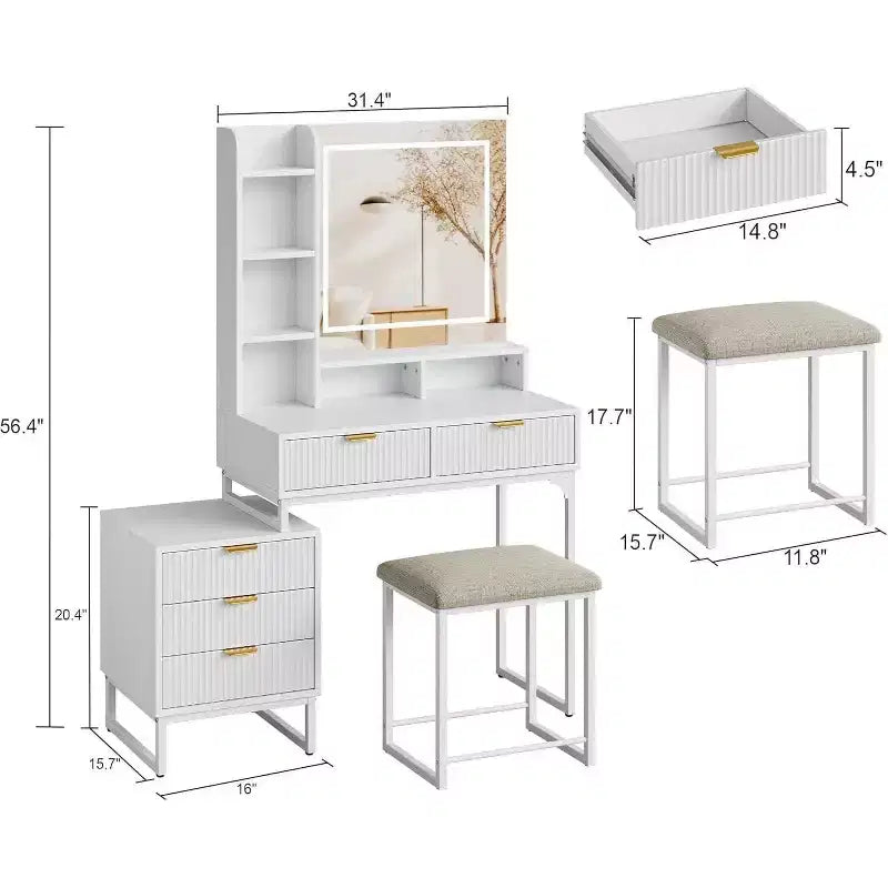 Coiffeuse Acekool avec miroir et lumières, 5 tiroirs, armoire de rangement latérale amovible, tabouret, LED 3 couleurs, table de maquillage, blanc et or