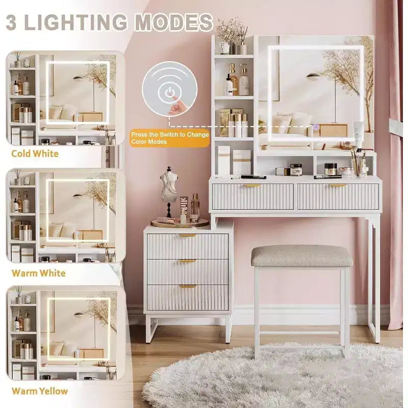 Coiffeuse Acekool avec miroir et lumières, 5 tiroirs, armoire de rangement latérale amovible, tabouret, LED 3 couleurs, table de maquillage, blanc et or