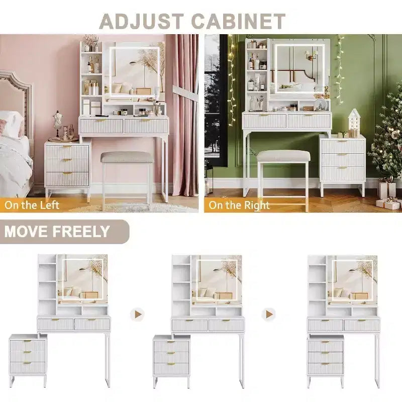 Coiffeuse Acekool avec miroir et lumières, 5 tiroirs, armoire de rangement latérale amovible, tabouret, LED 3 couleurs, table de maquillage, blanc et or
