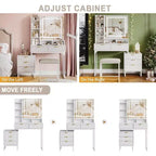 Coiffeuse Acekool avec miroir et lumières, 5 tiroirs, armoire de rangement latérale amovible, tabouret, LED 3 couleurs, table de maquillage, blanc et or