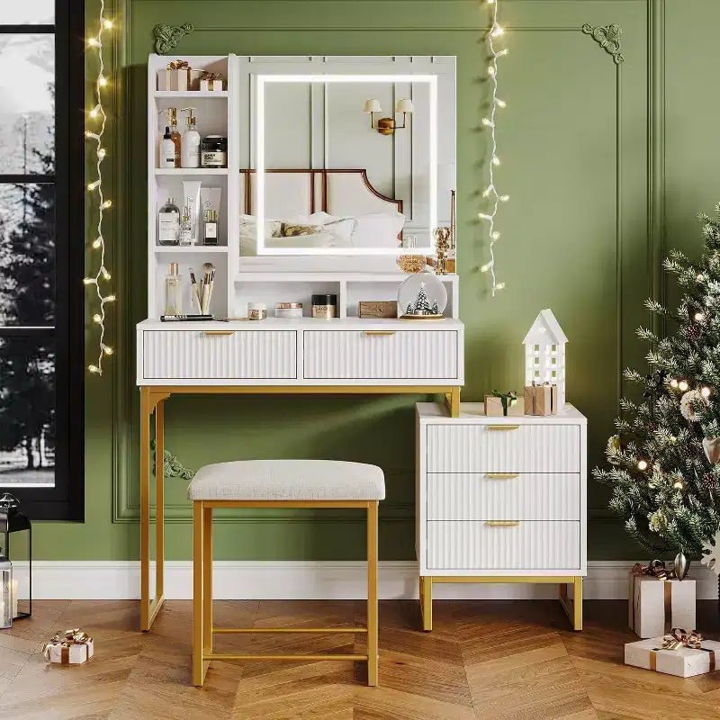 Coiffeuse Acekool avec miroir et lumières, 5 tiroirs, armoire de rangement latérale amovible, tabouret, LED 3 couleurs, table de maquillage, blanc et or
