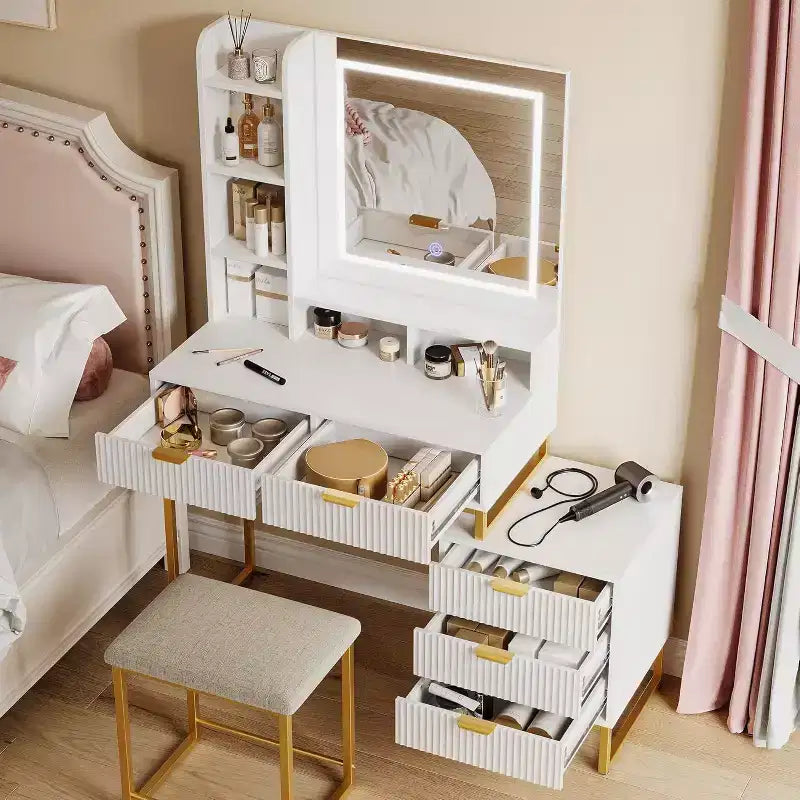 Coiffeuse Acekool avec miroir et lumières, 5 tiroirs, armoire de rangement latérale amovible, tabouret, LED 3 couleurs, table de maquillage, blanc et or