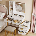 Coiffeuse Acekool avec miroir et lumières, 5 tiroirs, armoire de rangement latérale amovible, tabouret, LED 3 couleurs, table de maquillage, blanc et or