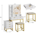 Coiffeuse Acekool avec miroir et lumières, 5 tiroirs, armoire de rangement latérale amovible, tabouret, LED 3 couleurs, table de maquillage, blanc et or