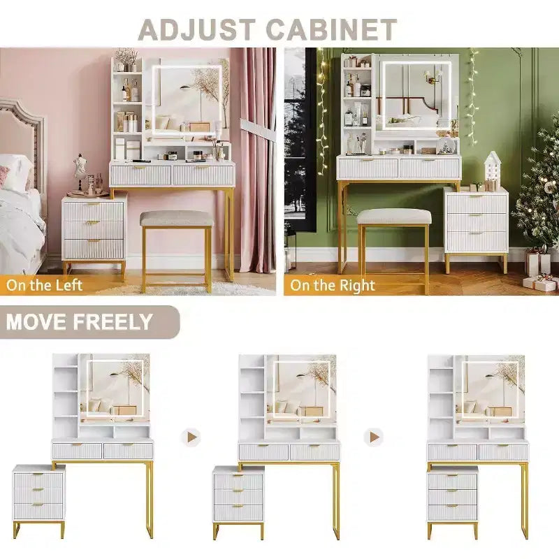 Coiffeuse Acekool avec miroir et lumières, 5 tiroirs, armoire de rangement latérale amovible, tabouret, LED 3 couleurs, table de maquillage, blanc et or