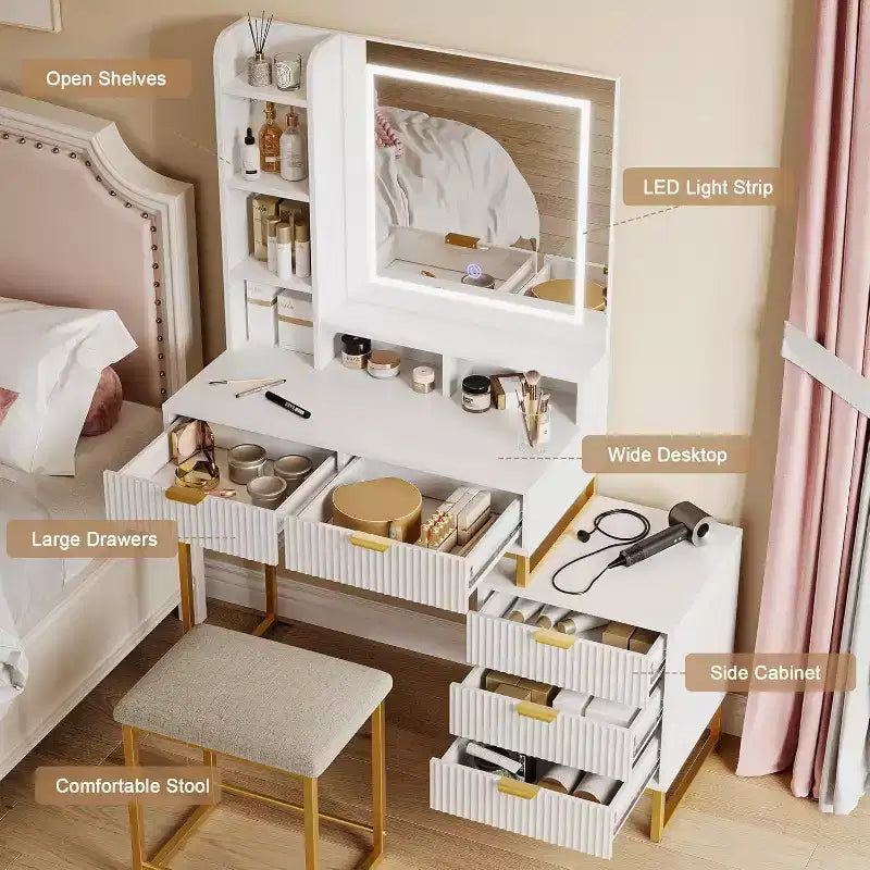 Coiffeuse Acekool avec miroir et lumières, 5 tiroirs, armoire de rangement latérale amovible, tabouret, LED 3 couleurs, table de maquillage, blanc et or
