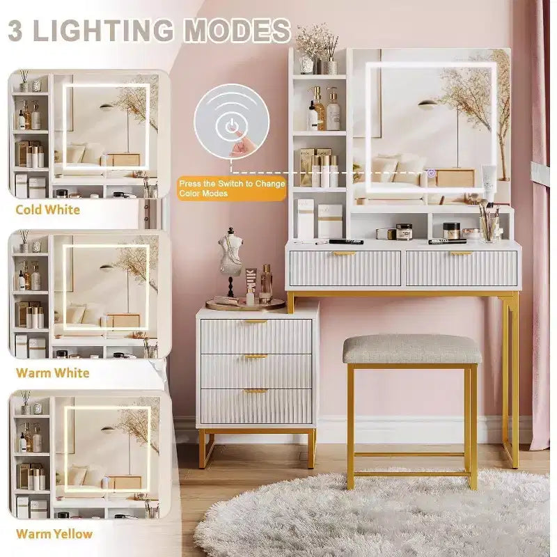 Coiffeuse Acekool avec miroir et lumières, 5 tiroirs, armoire de rangement latérale amovible, tabouret, LED 3 couleurs, table de maquillage, blanc et or