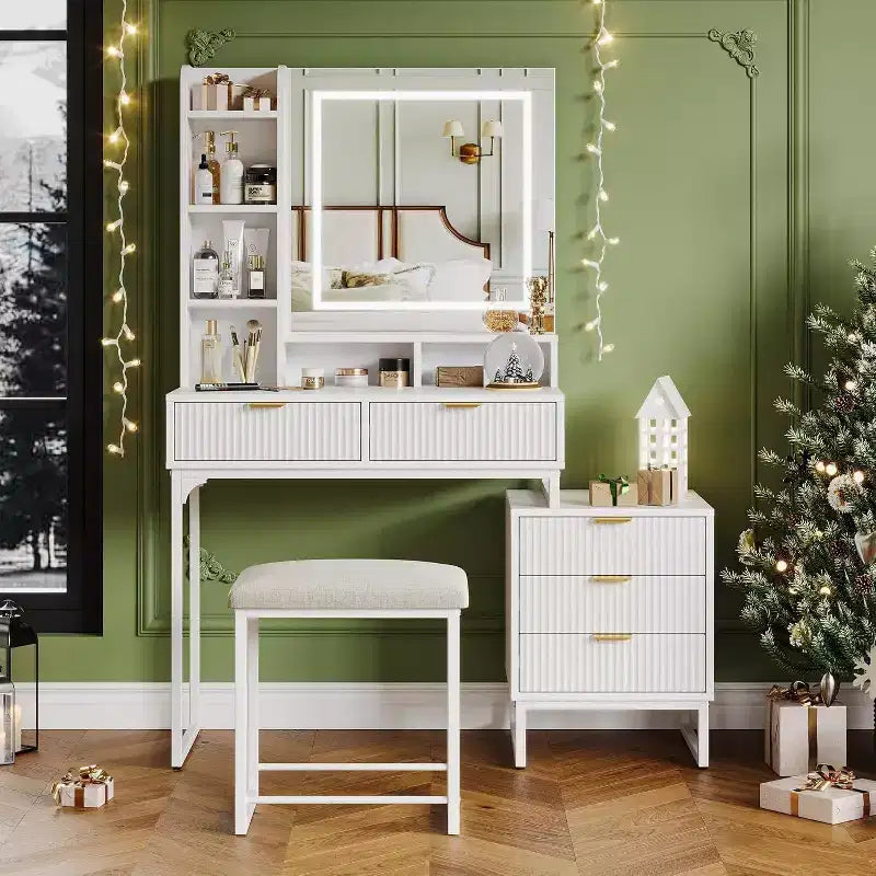 Coiffeuse Acekool avec miroir et lumières, 5 tiroirs, armoire de rangement latérale amovible, tabouret, LED 3 couleurs, table de maquillage, blanc et or