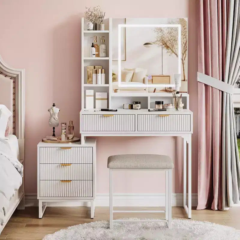 Coiffeuse Acekool avec miroir et lumières, 5 tiroirs, armoire de rangement latérale amovible, tabouret, LED 3 couleurs, table de maquillage, blanc et or