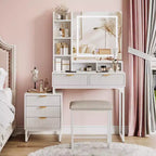 Coiffeuse Acekool avec miroir et lumières, 5 tiroirs, armoire de rangement latérale amovible, tabouret, LED 3 couleurs, table de maquillage, blanc et or