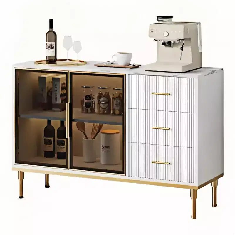 GustoWave Buffet Sideboard Cabinet with Storage, 46.4 Large Fluted Kitchen Sideboard Cabinet with 2 Glass Doors 3 Drawers and Shelves, Buffet Table