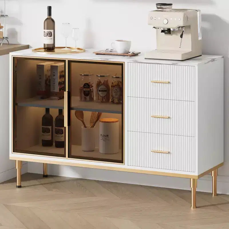 GustoWave Bahut de buffet avec rangement, Grand bahut de cuisine cannelé de 117,8 cm avec 2 portes vitrées, 3 tiroirs et étagères, Table de buffet