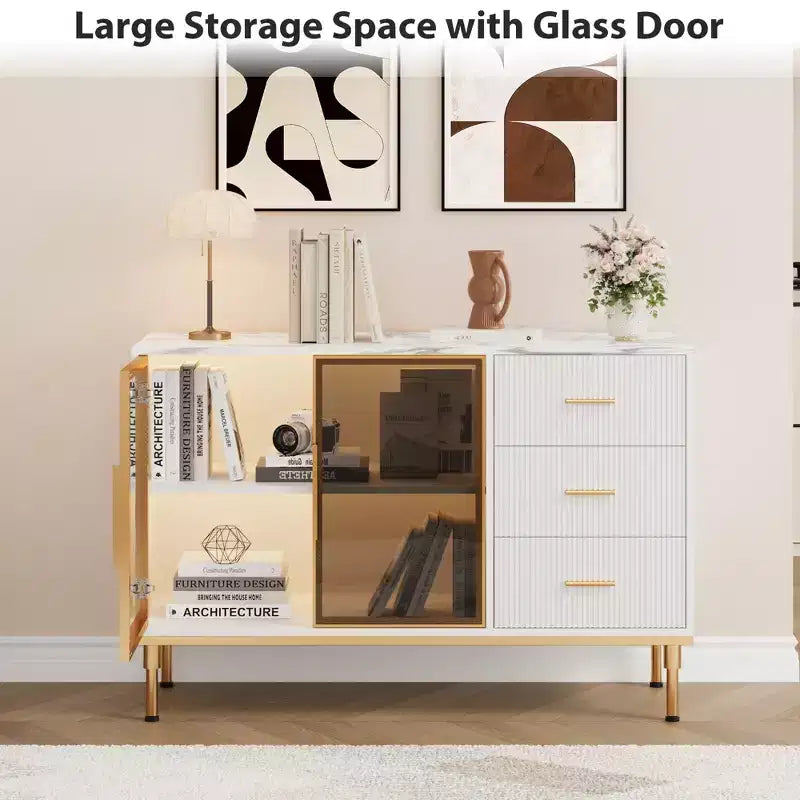 GustoWave Bahut de buffet avec rangement, Grand bahut de cuisine cannelé de 117,8 cm avec 2 portes vitrées, 3 tiroirs et étagères, Table de buffet