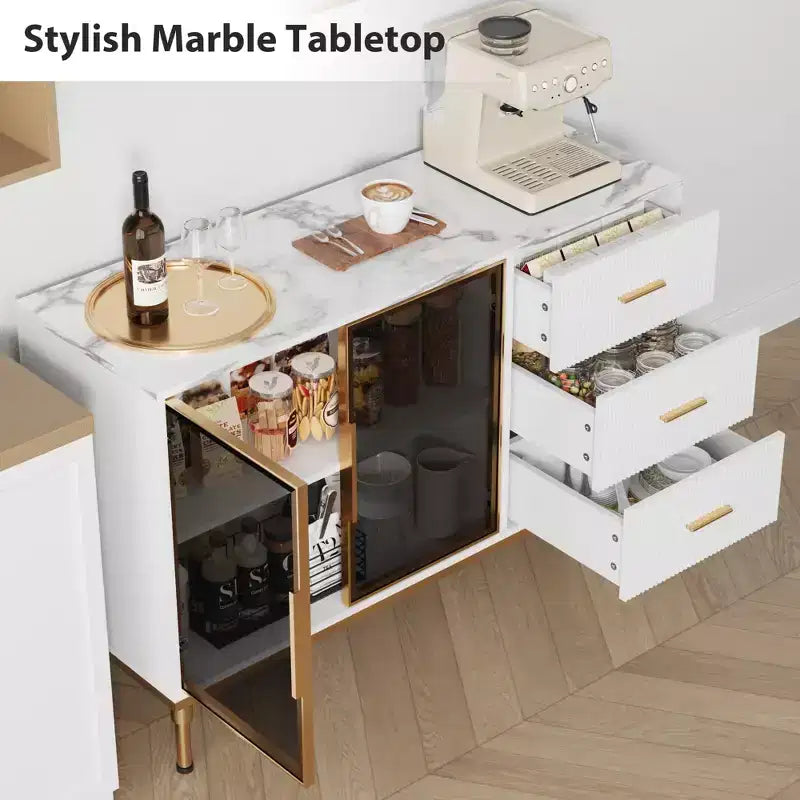 GustoWave Bahut de buffet avec rangement, Grand bahut de cuisine cannelé de 117,8 cm avec 2 portes vitrées, 3 tiroirs et étagères, Table de buffet