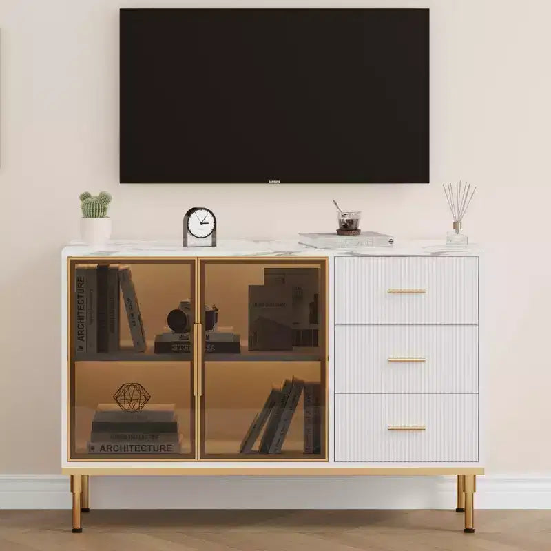 GustoWave Bahut de buffet avec rangement, Grand bahut de cuisine cannelé de 117,8 cm avec 2 portes vitrées, 3 tiroirs et étagères, Table de buffet