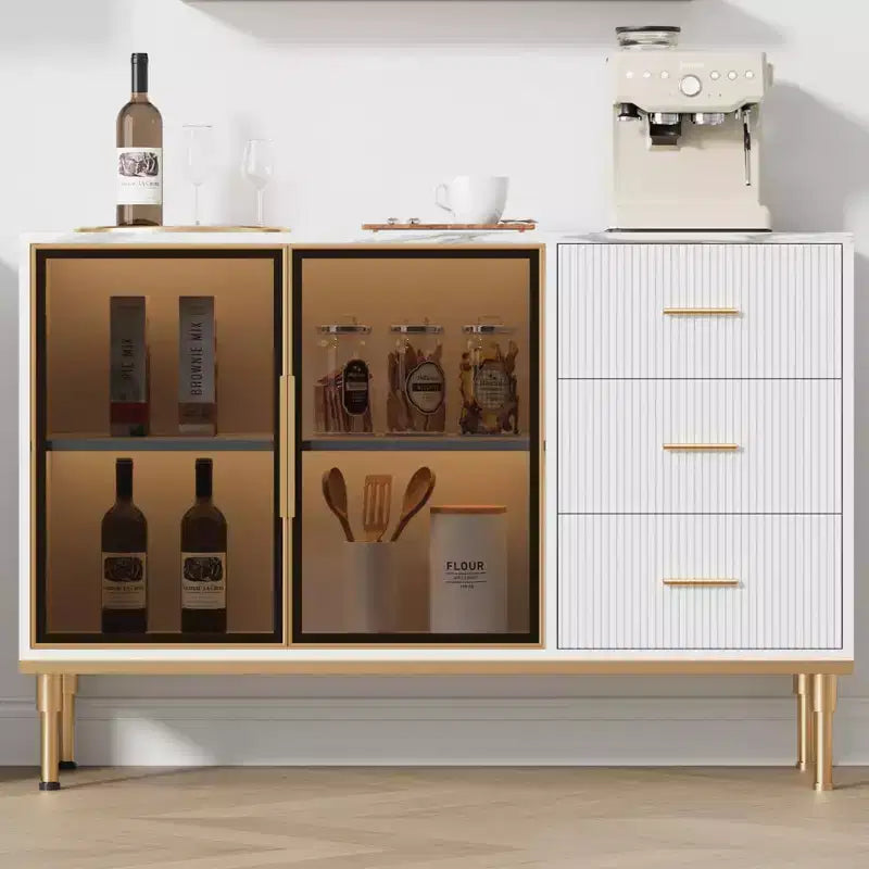 GustoWave Bahut de buffet avec rangement, Grand bahut de cuisine cannelé de 117,8 cm avec 2 portes vitrées, 3 tiroirs et étagères, Table de buffet